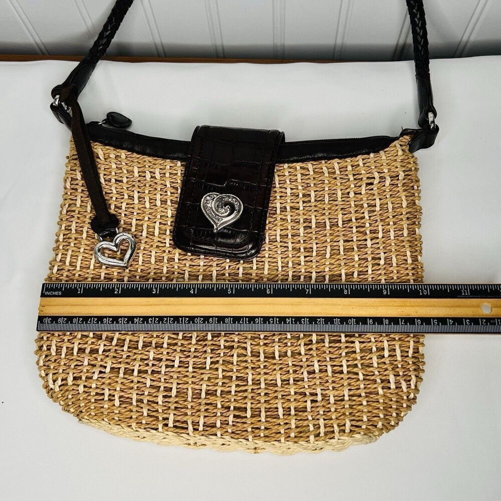 Brighton Jute Raffia Woven Shoulder Bag Brown Leather Woven Handles Heart Charm - Picture 8 of 10